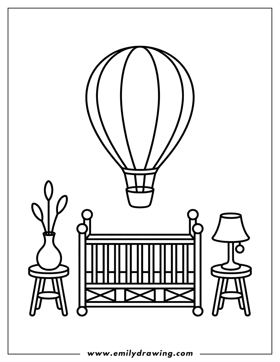 Outline of a baby crib with small tables and a hot air balloon overhead