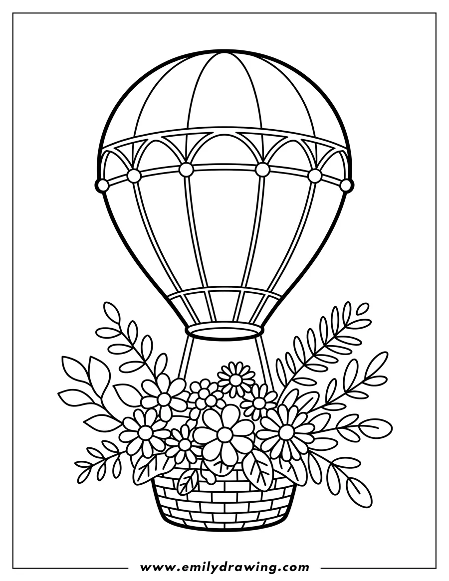 Outline of a hot air balloon with a basket full of flowers.