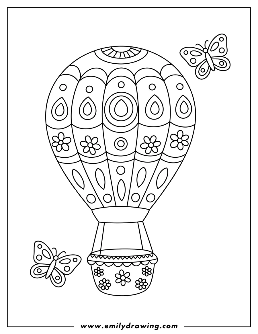 Outline of a hot air balloon decorated with flowers and circles, with two butterflies fluttering nearby.