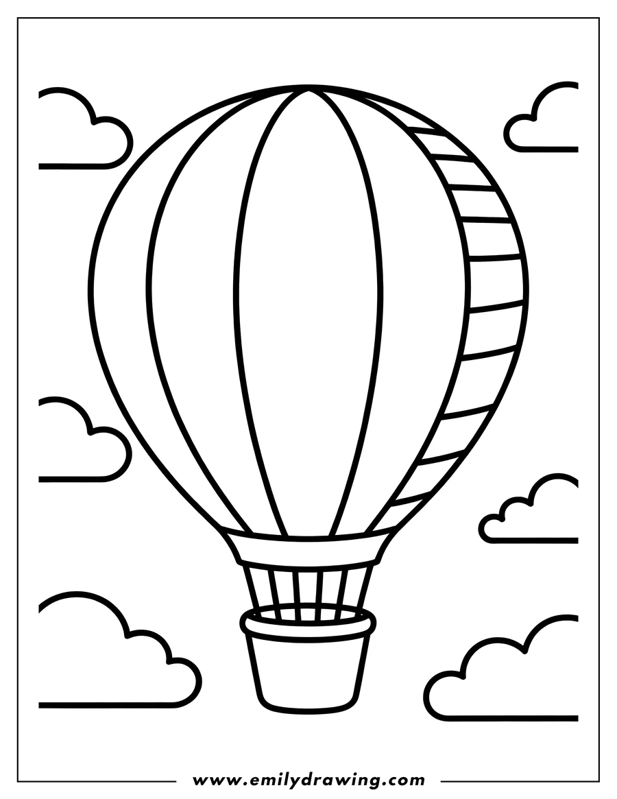 Outline of a hot air balloon floating amongst several clouds.