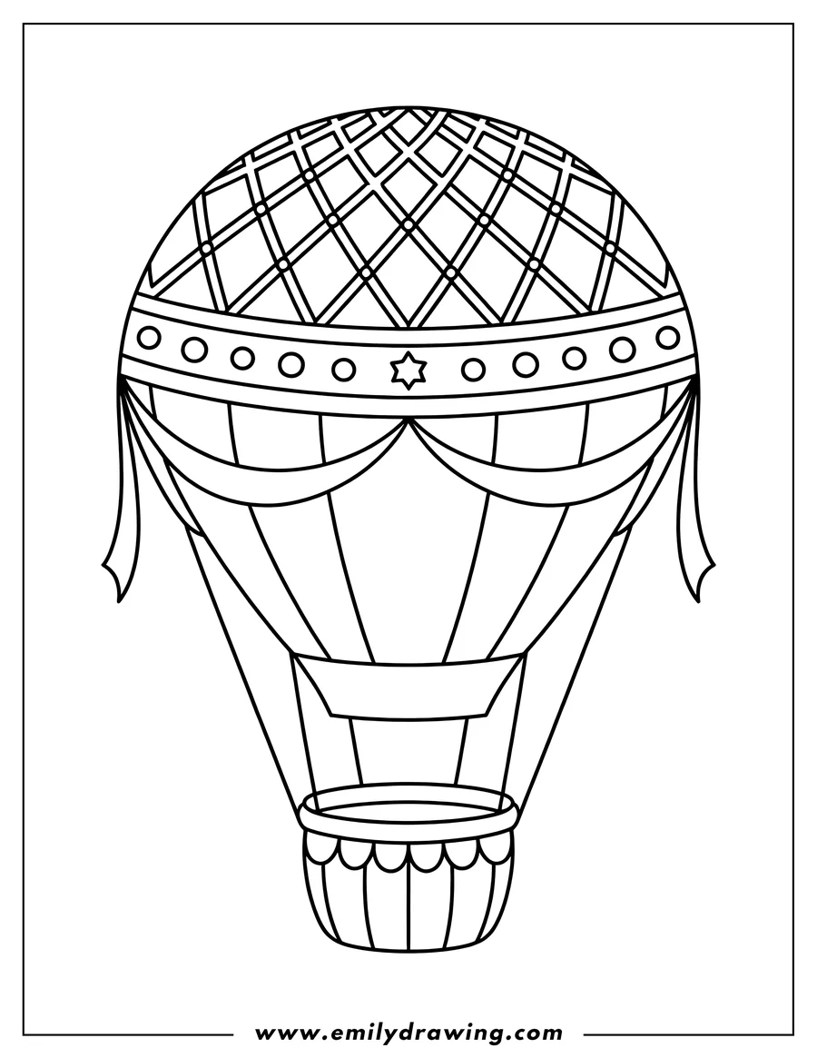 Line art of a hot air balloon with a patterned top section, decorative ribbons below, and a basket attached by ropes.
