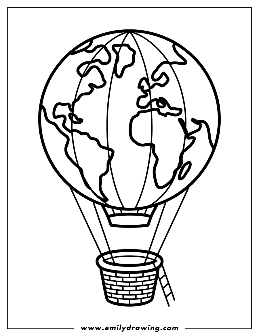Line art of a hot air balloon with an Earth design on its surface. A woven basket hangs beneath, complete with a small ladder.