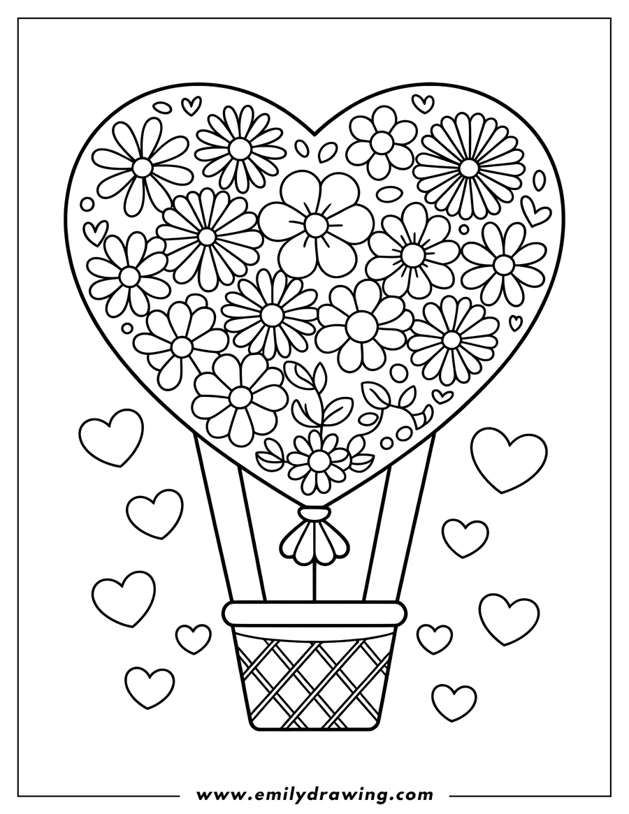 Outline of a hot air balloon with a heart-shaped basket filled with flowers and surrounded by floating hearts.