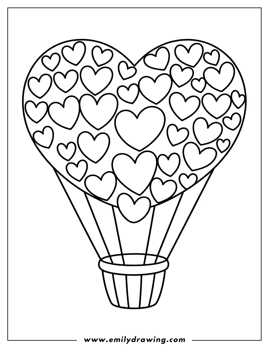 Outline of a hot air balloon with a heart-shaped balloon covered in smaller hearts.