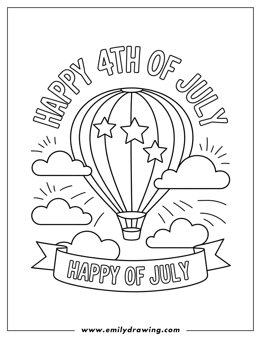 Outline of a hot air balloon decorated with three stars, floating amongst clouds, with a banner reading 'Happy 4th of July'