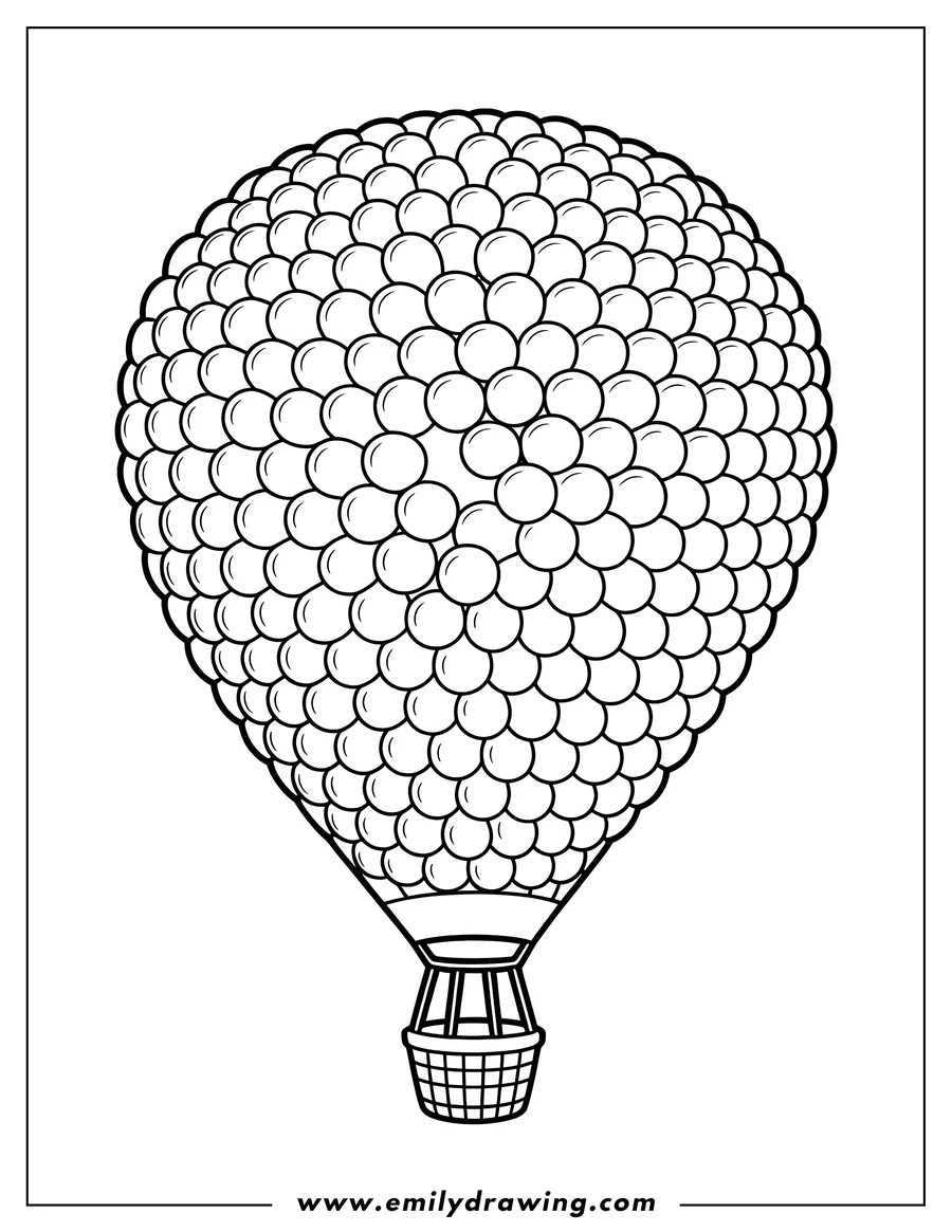 Line art of a hot air balloon with a wicker basket. The balloon is made up of many small circles.