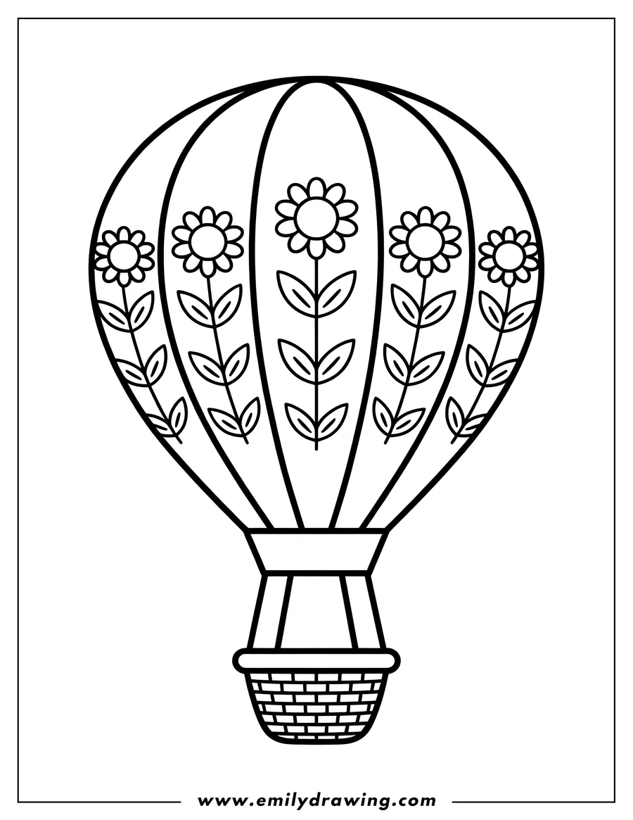 Outline of a hot air balloon decorated with simple flowers and leaves. The balloon has a woven basket attached underneath.