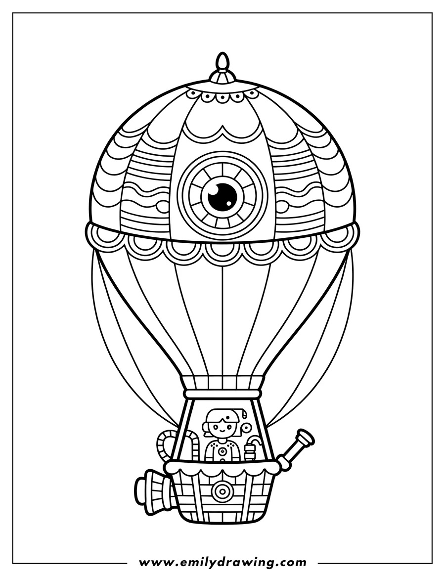 Line art of a hot air balloon with a person in the basket.