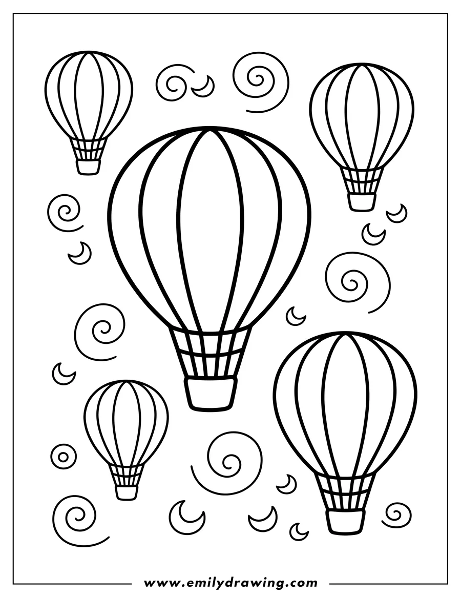 Outline of several hot air balloons floating amongst swirls and crescent moons.