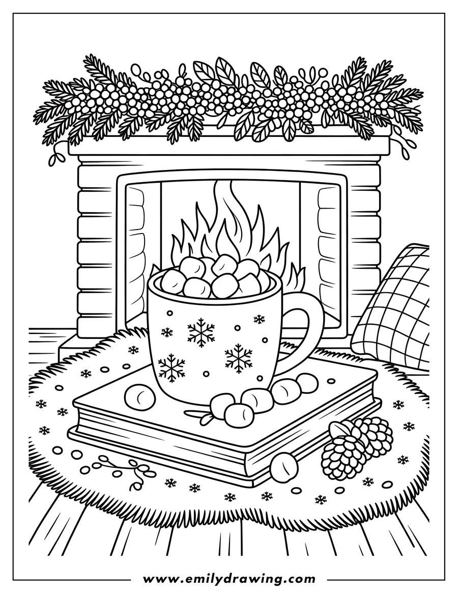 Line art of a mug of hot chocolate with marshmallows by a fireplace decorated with garland.  Nuts, berries, and a book sit on a snowflake-patterned rug in front of the fireplace.