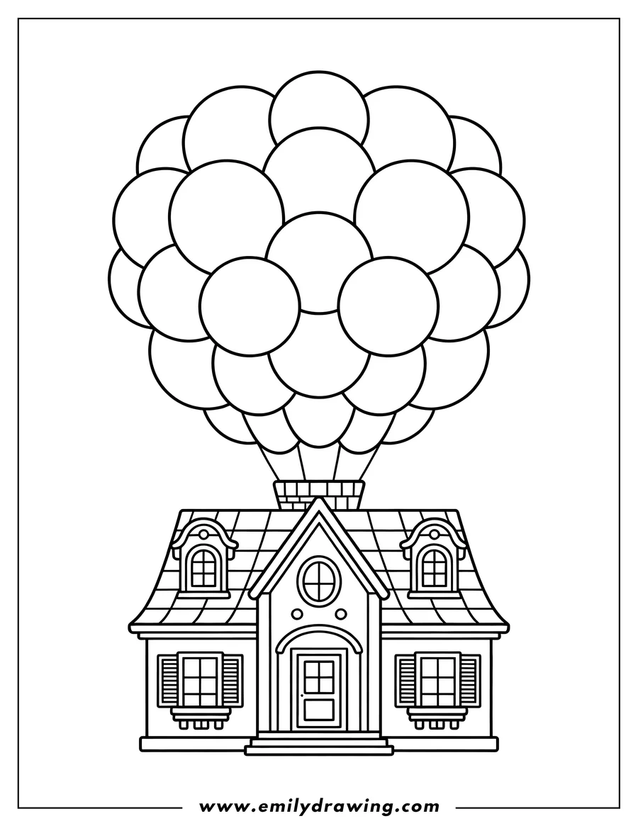 Line art of a house being lifted by a bunch of hot air balloons attached to its chimney.