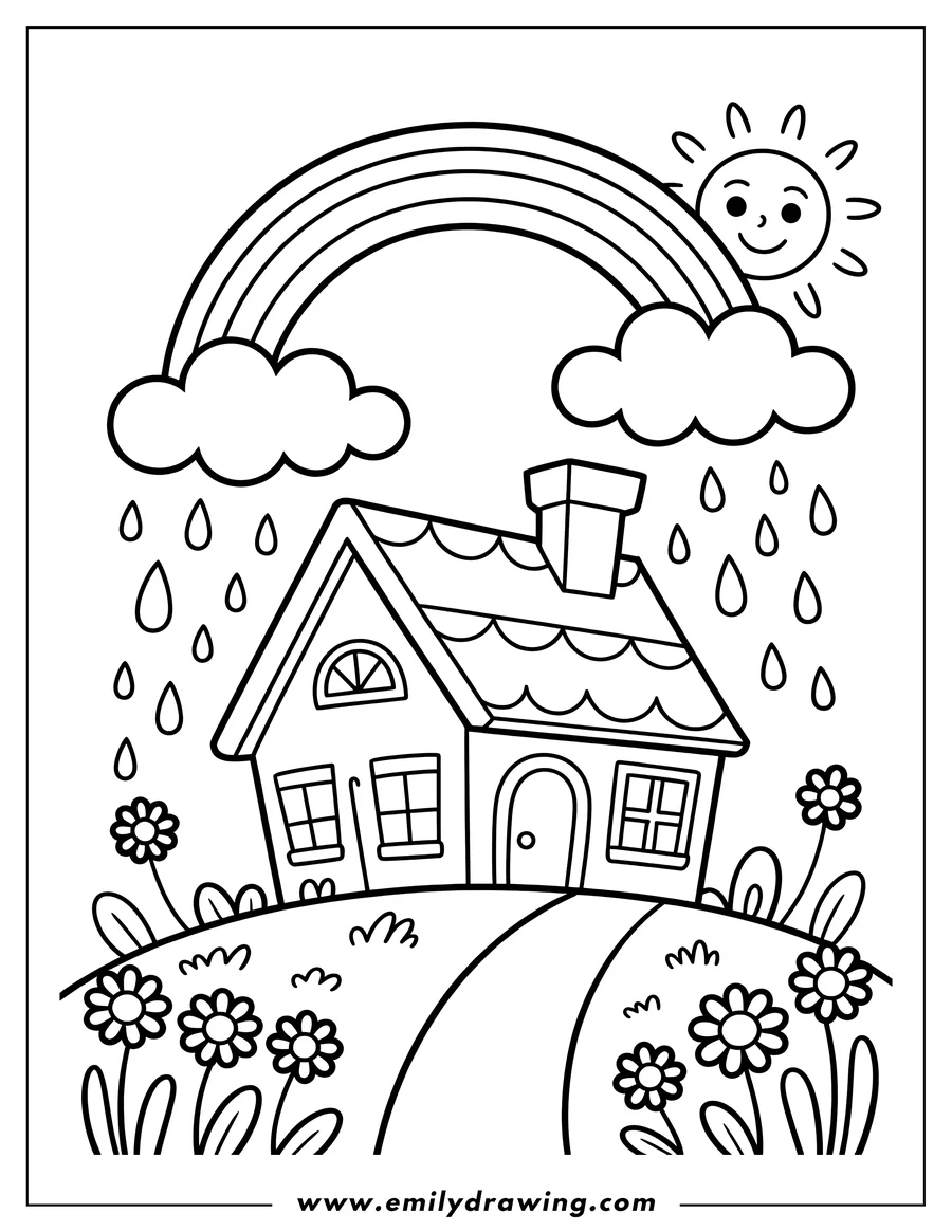 Line art of a cozy house on a hill with rain falling and a rainbow overhead. Flowers grow around the base of the hill.