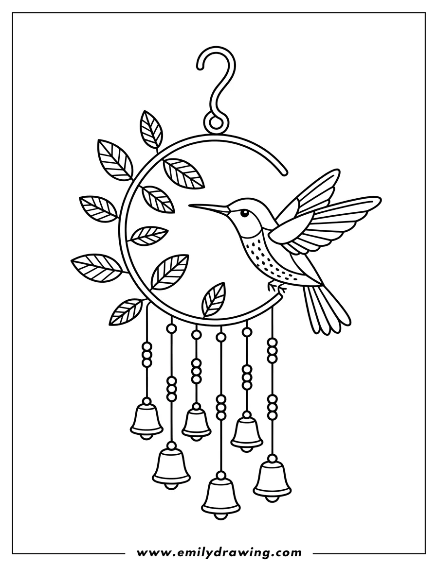Outline of a hummingbird perched on a decorative wind chime with small bells and leaves.