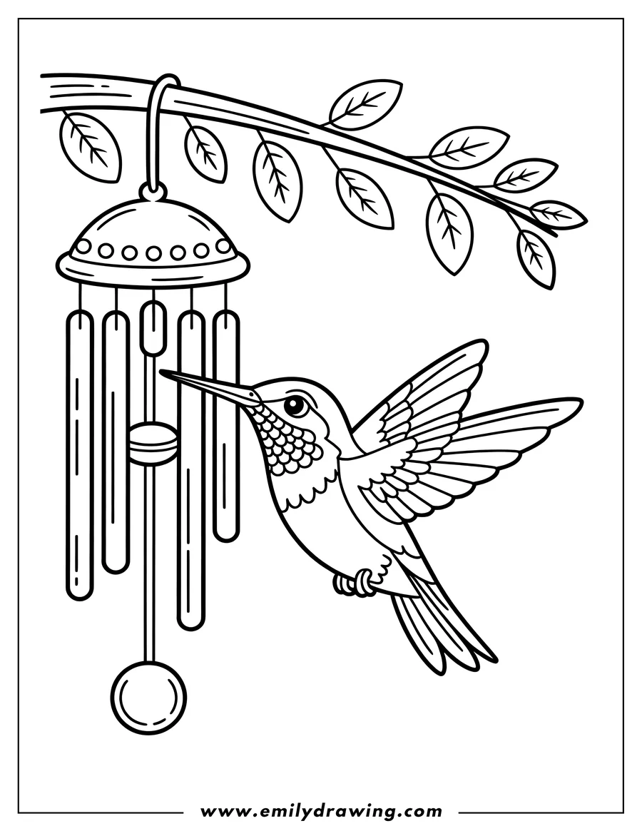 Line art of a hummingbird hovering near a wind chime hanging from a leafy branch.
