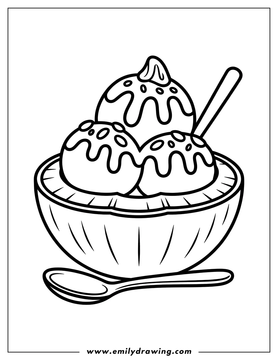 Outline of three scoops of ice cream in a coconut bowl, with a spoon and a coconut shell.