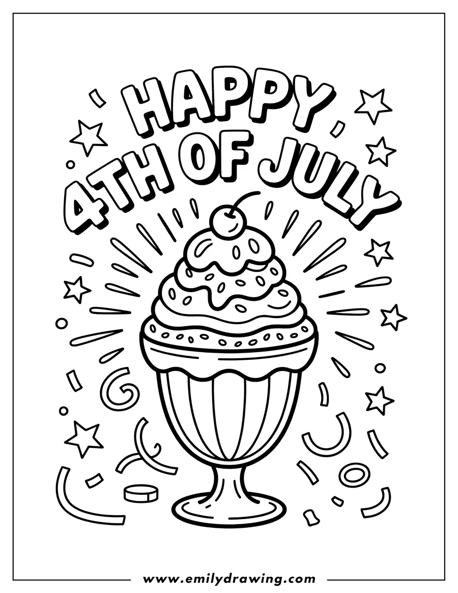Line art of an ice cream sundae with a cherry on top, surrounded by stars and swirls, with 