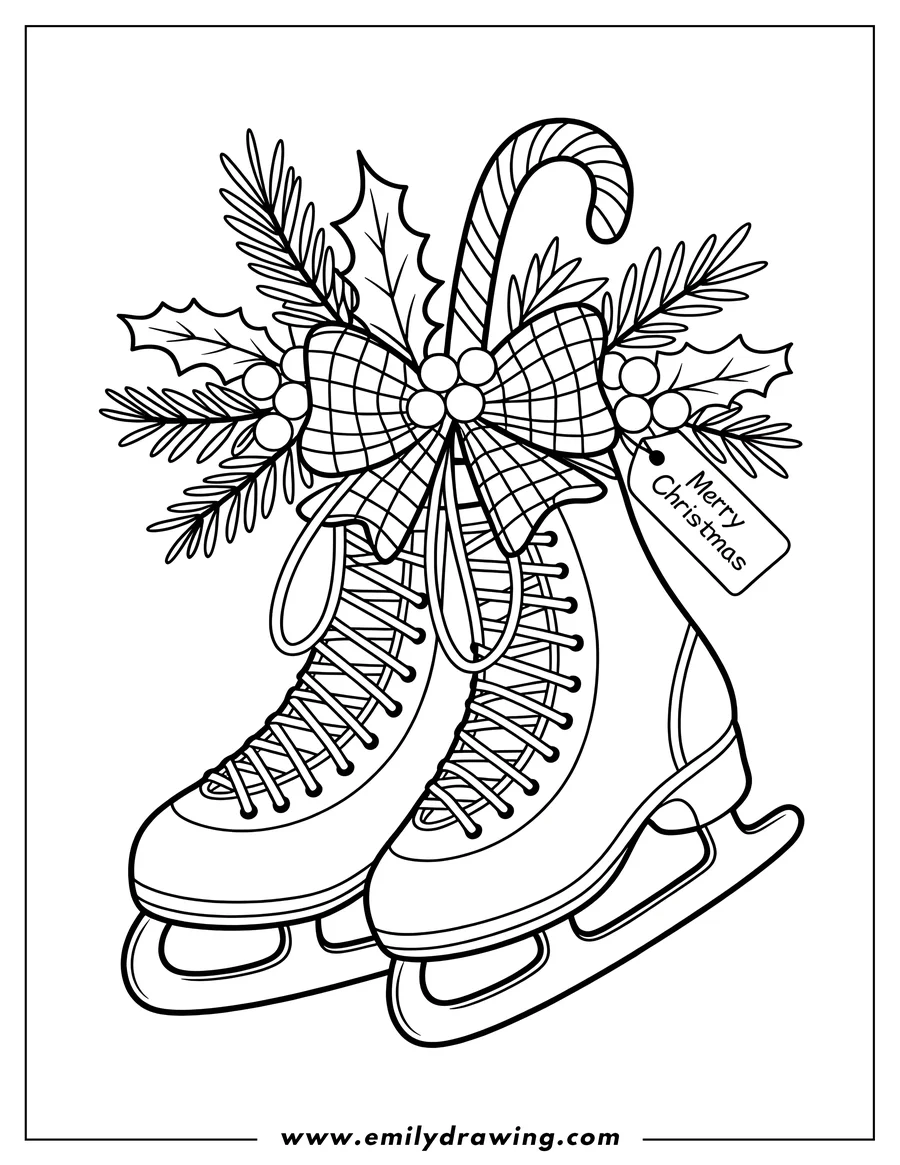 Line art of ice skates decorated with a candy cane, holly, berries, and a bow, with a 'Merry Christmas' tag attached.