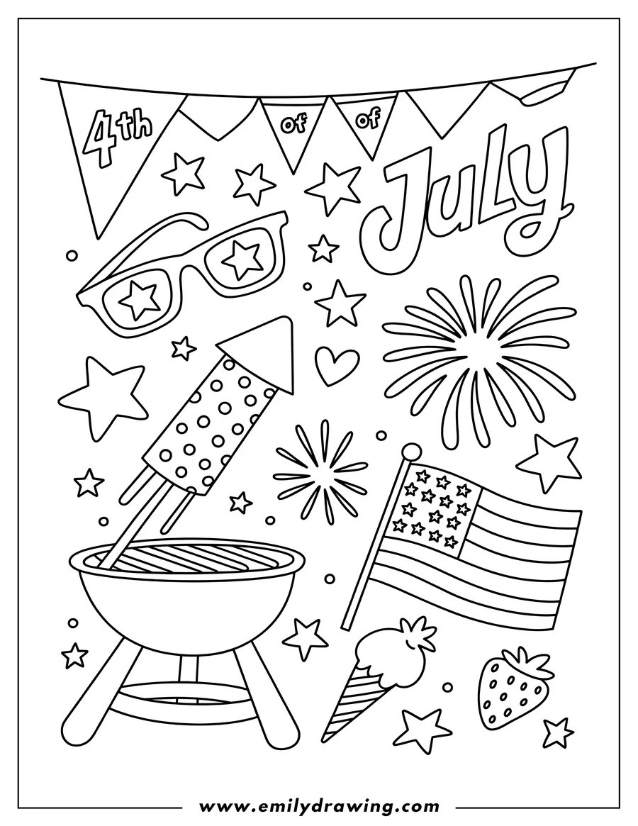 Outline of various Independence Day items including a barbecue grill, fireworks, the American flag, festive glasses, and treats.