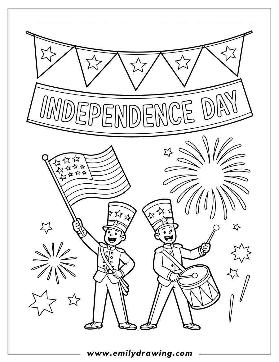 Line art of two children in parade uniforms celebrating Independence Day. One child waves an American flag while the other plays a drum. Fireworks burst overhead, and a banner proclaims 