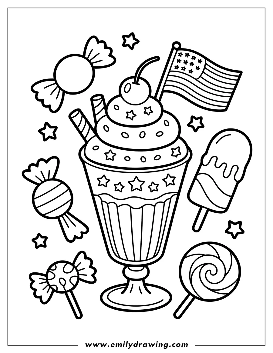 Line art illustration of a 4th of July-themed arrangement with a milkshake topped with a cherry and an American flag, candies, popsicle, and a lollipop. Perfect for a patriotic Independence Day coloring activity.
