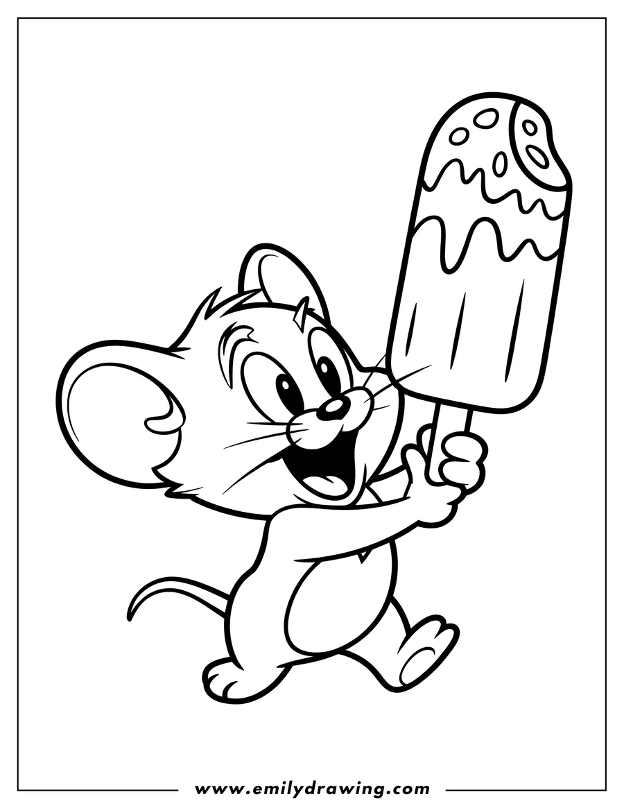 Line art of Jerry Mouse holding a large popsicle with a bite taken out of it.