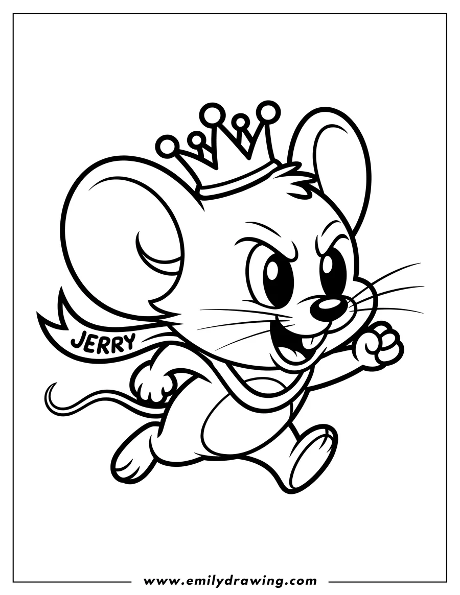 Line art of Jerry the mouse running, wearing a crown and a sash that says