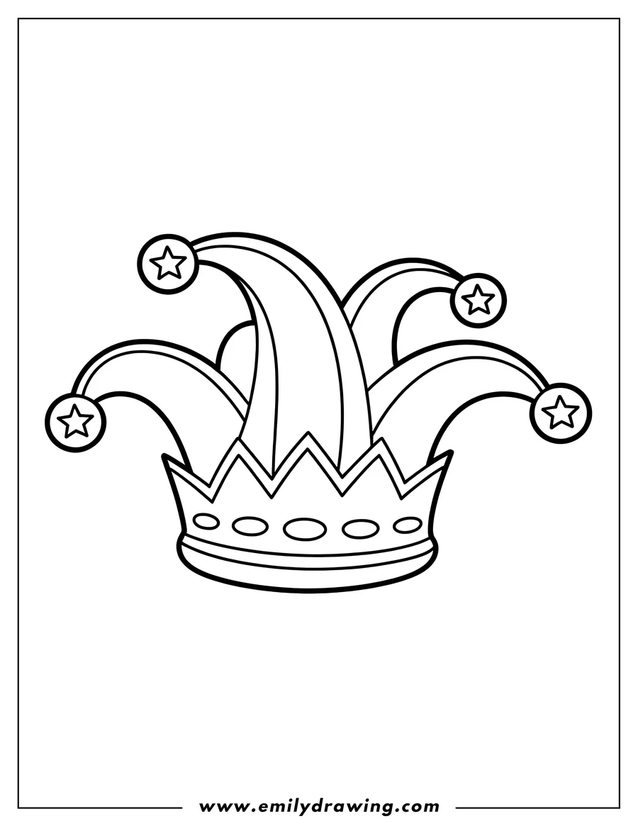 Outline of a jester hat with three points, each ending in a star, and a crown base.