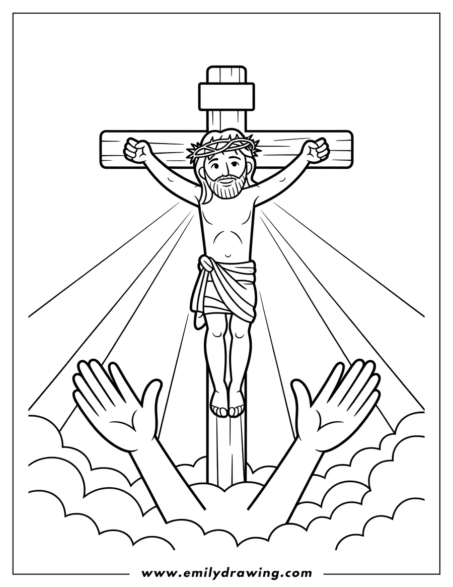 Line art depiction of Jesus Christ crucified on the cross, wearing a crown of thorns, with divine light shining around him. Two large hands are raised in prayer from clouds below.