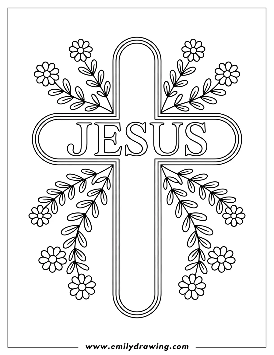 Outline of a decorative Christian cross featuring the word JESUS inscribed horizontally across the center bar. The cross is adorned with symmetrical floral vines and simple daisy-like flowers.