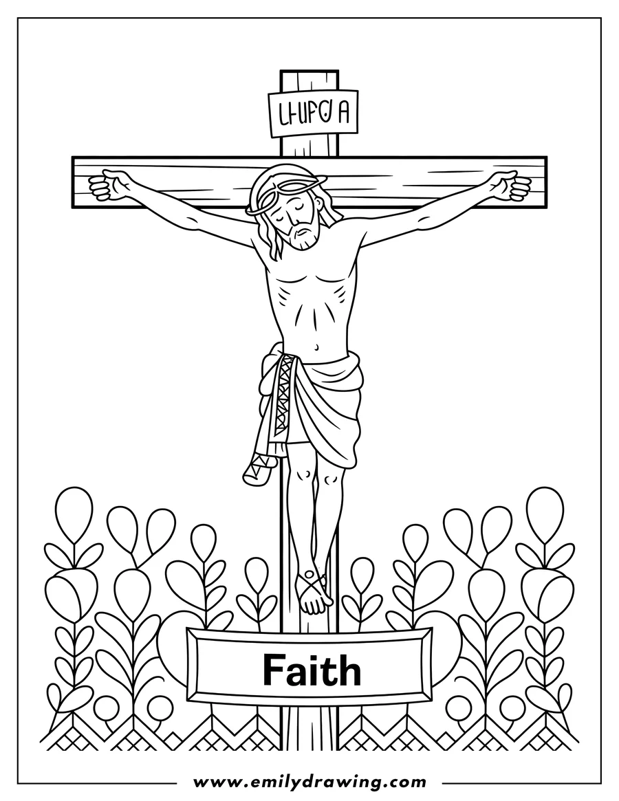 Line art illustration of Jesus Christ crucified on a wooden cross, wearing a crown of thorns. The image includes a banner near the base reading 'Faith,' framed by decorative leafy borders.