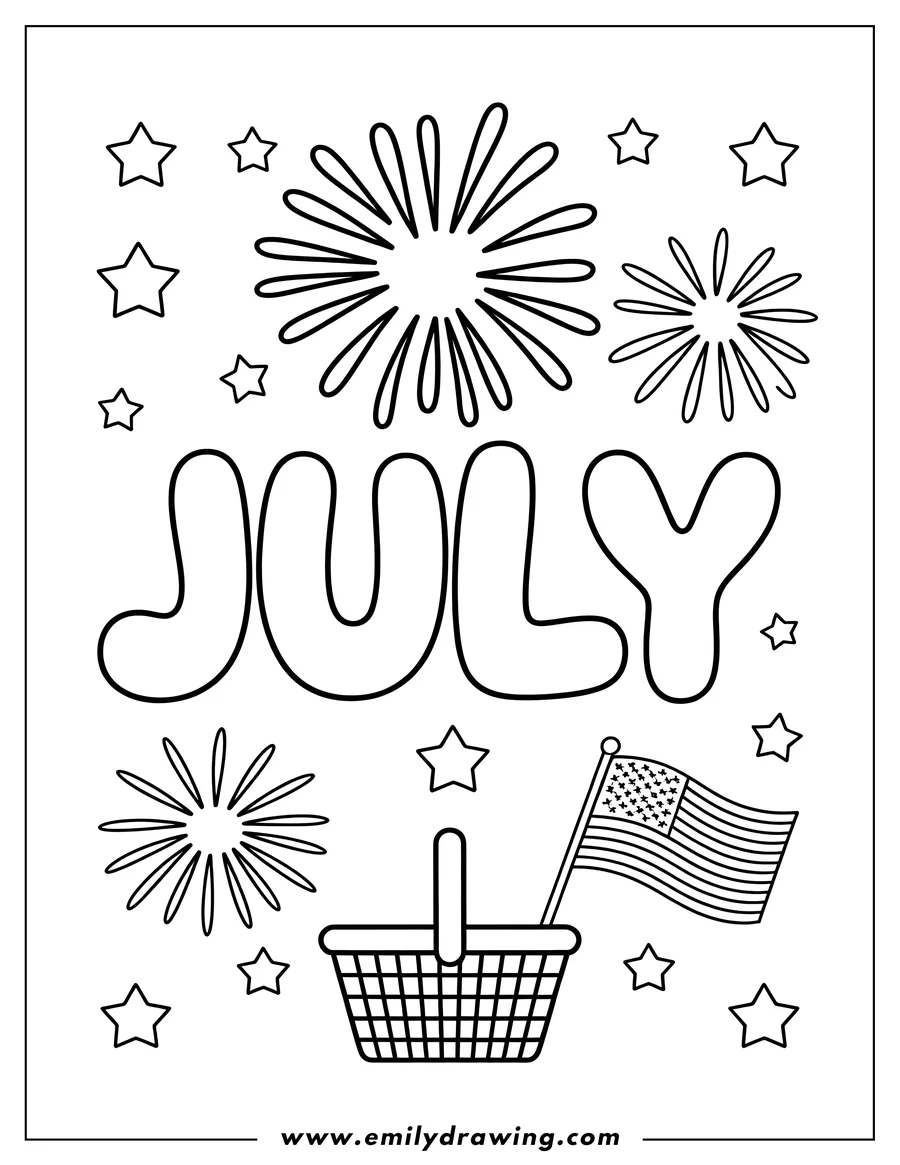 Outline of a Fourth of July scene with fireworks, stars, the word 'July', and a picnic basket with a small American flag.