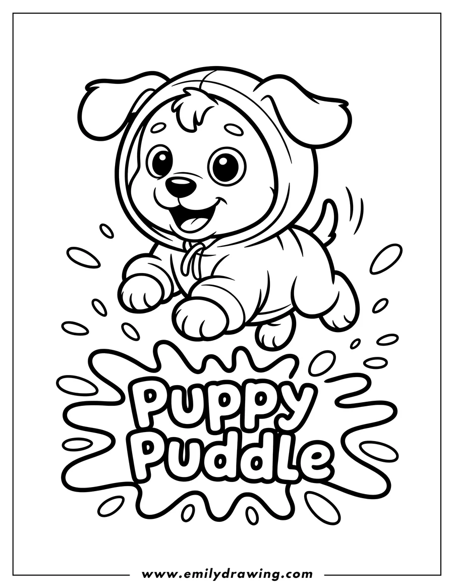 Line art of a playful puppy wearing a raincoat and hood, jumping over puddles.