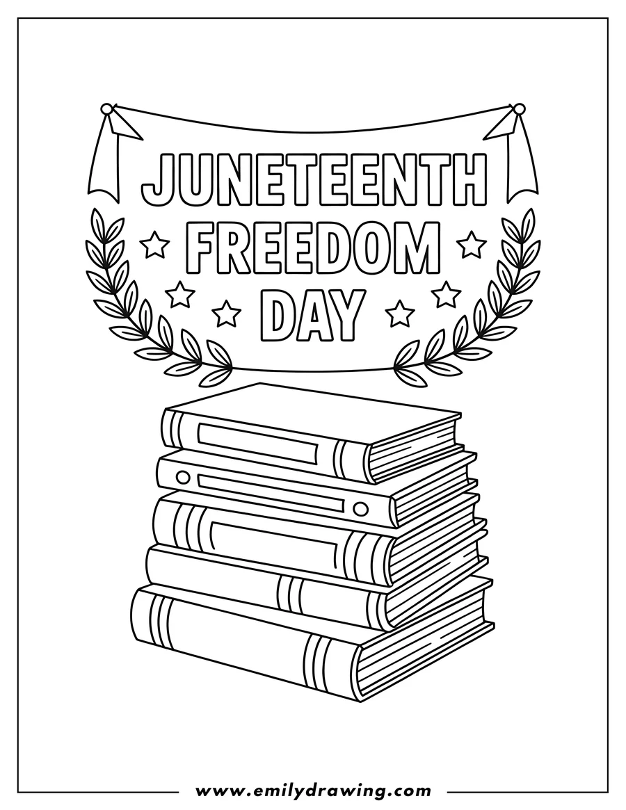 Line art illustration of a stack of books with a 'Juneteenth Freedom Day' banner overhead.