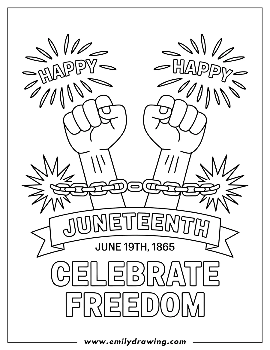 Line art depicting two hands with clenched fists breaking free from chains, symbolizing Juneteenth and the celebration of freedom. The words 'Happy Juneteenth' and 'Celebrate Freedom' are included along with the date June 19th, 1865.