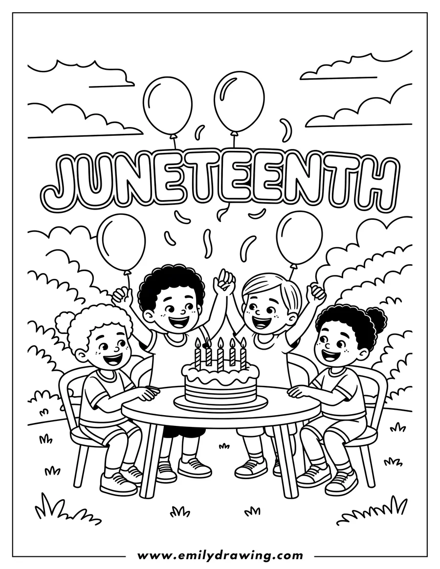 Four children sit around a table with a birthday cake and candles. They are holding balloons and look happy, celebrating Juneteenth.