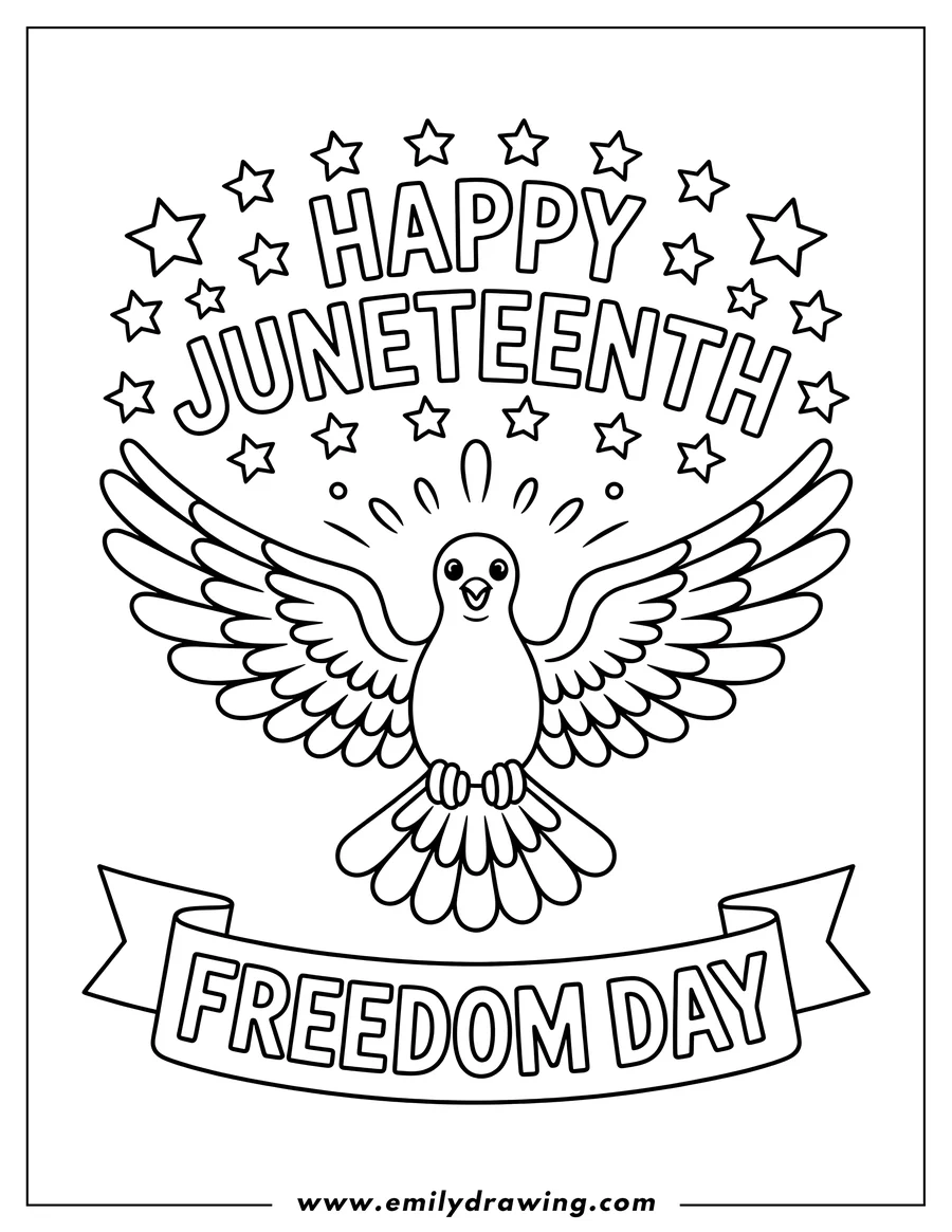 Line art of a dove with outstretched wings above a banner that reads 'FREEDOM DAY', surrounded by stars and the words 'HAPPY JUNETEENTH'.