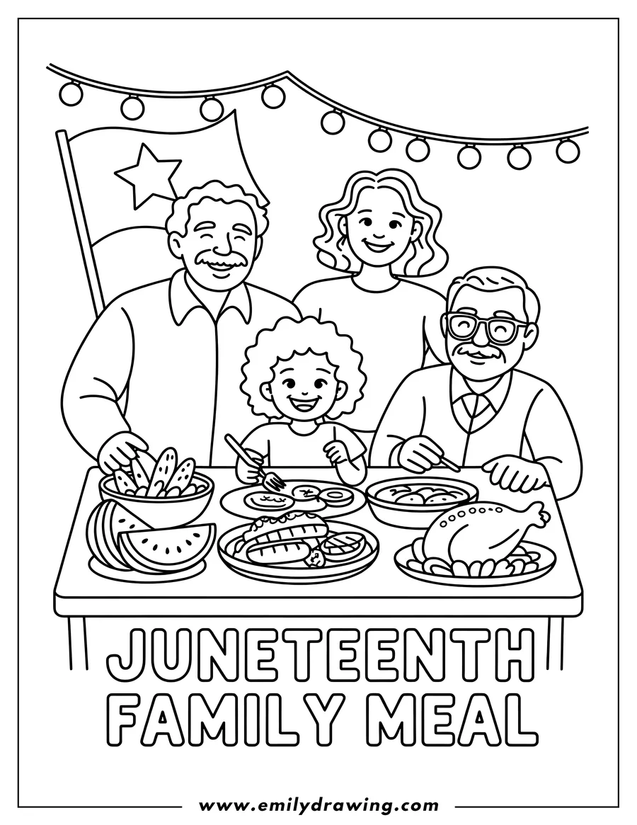 Outline of a family enjoying a Juneteenth feast with various dishes and a Texas flag in the background.