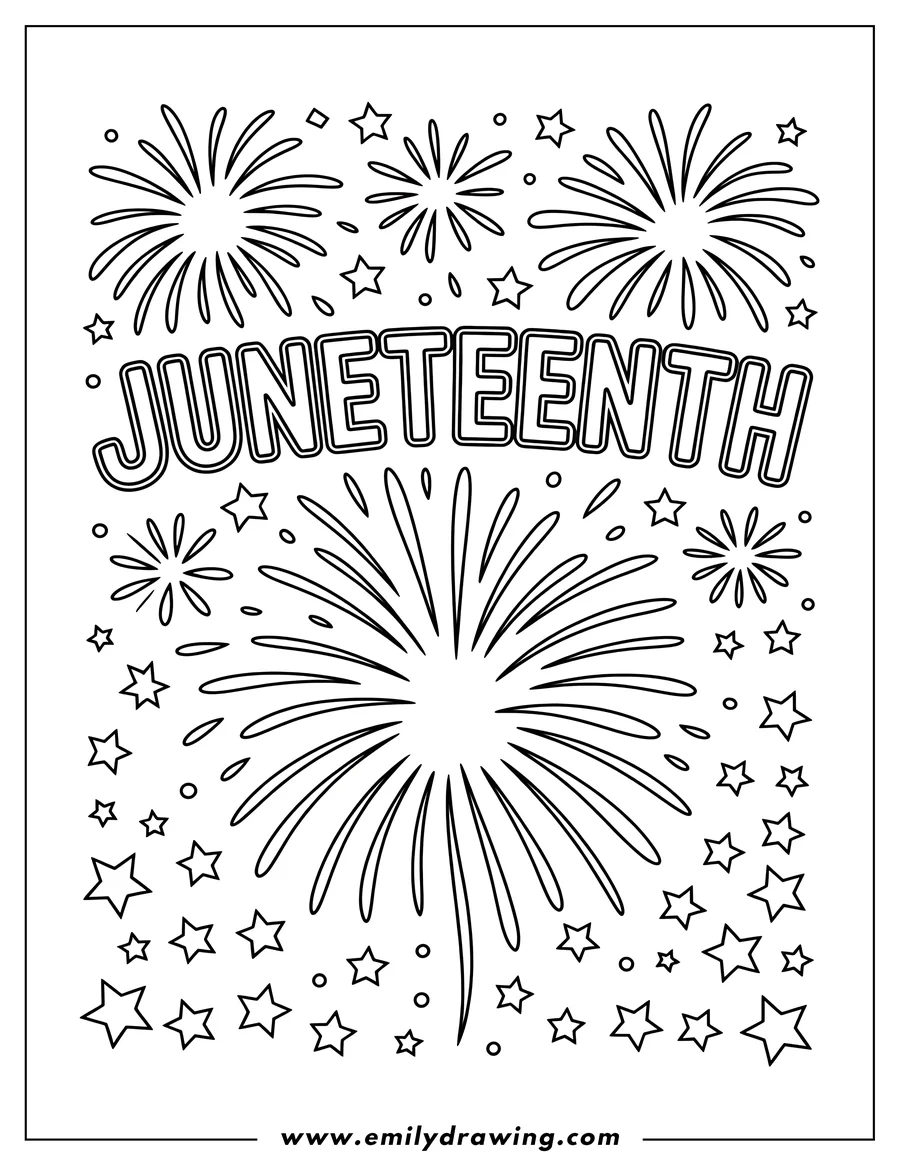 Line art of a Juneteenth celebration with fireworks and stars.