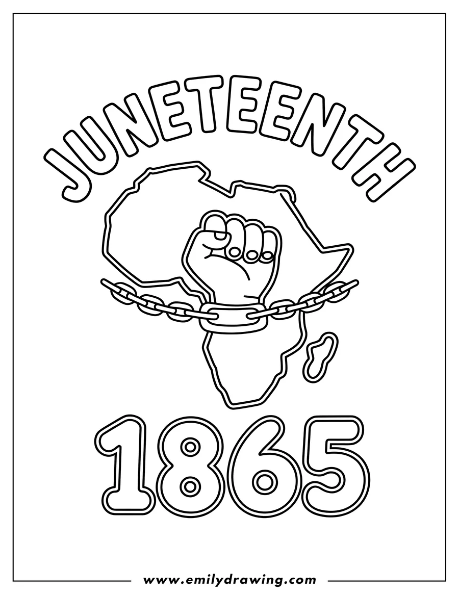 Line art illustration of a fist breaking free from chains in front of the outline of Africa with the year 1865 written underneath. Perfect to color to celebrate Juneteenth.