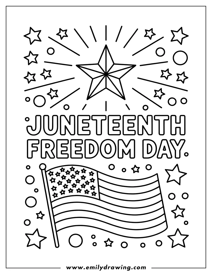 Line art of the American flag with a large star above it, surrounded by smaller stars and circles, with the words 'JUNETEENTH FREEDOM DAY' in the center.