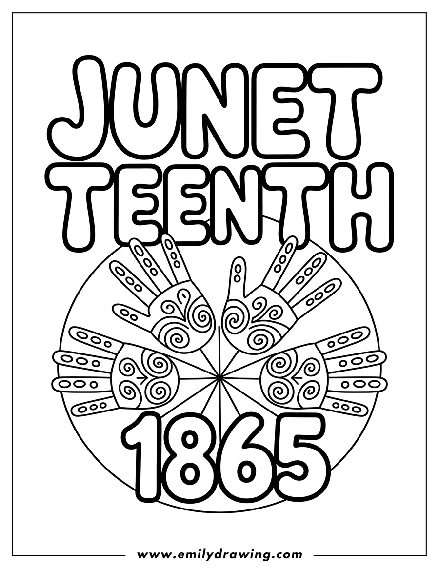 Line art of two hands with decorative swirls, surrounding the year 1865, commemorating Juneteenth.