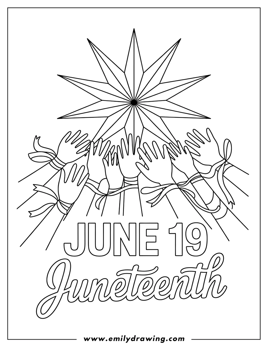 Line art depicting hands with ribbons reaching towards a star, commemorating Juneteenth.