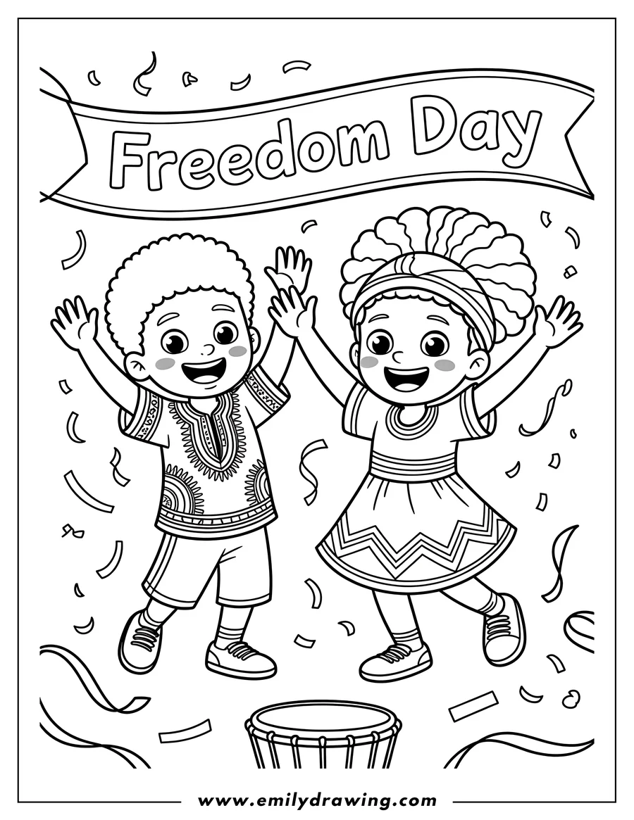 Line art of two children waving, dressed in celebratory attire, with a drum in the foreground and confetti raining down, likely in celebration of Juneteenth or Freedom Day.