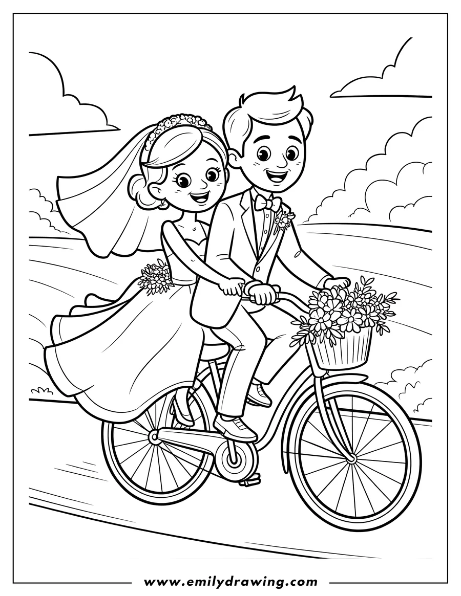 Outline of a just married couple riding a bicycle decorated with flowers in the basket. The bride wears a veil and holds a bouquet.
