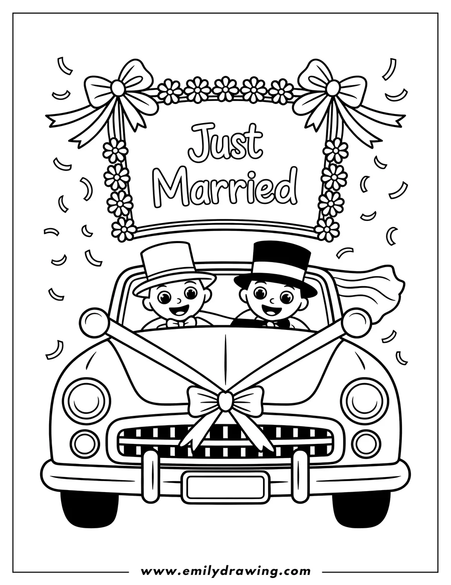 Line art of a just married couple in their wedding car. The car is decorated with ribbons, bows, and a 'Just Married' sign with flowers and bows attached. Both the bride and groom are wearing top hats, bow ties, and smiling as they drive off.