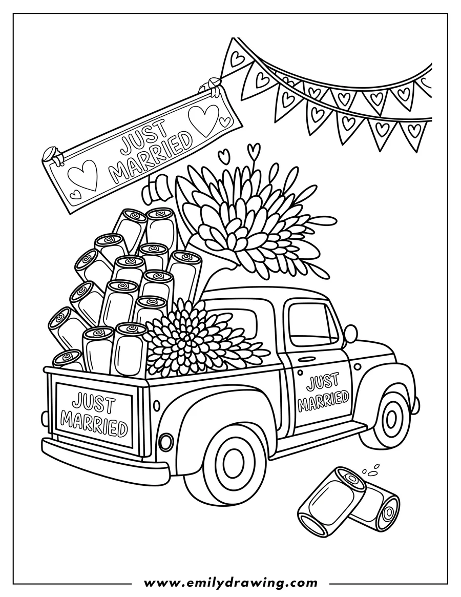 Line art of a just married truck with cans and flowers in the back. Bunting hangs overhead.