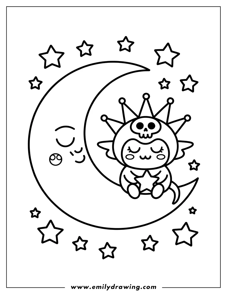 Outline of a kawaii fairy with a skull hat and wings, sitting on the crescent moon and holding a star. Multiple small stars surround the moon.