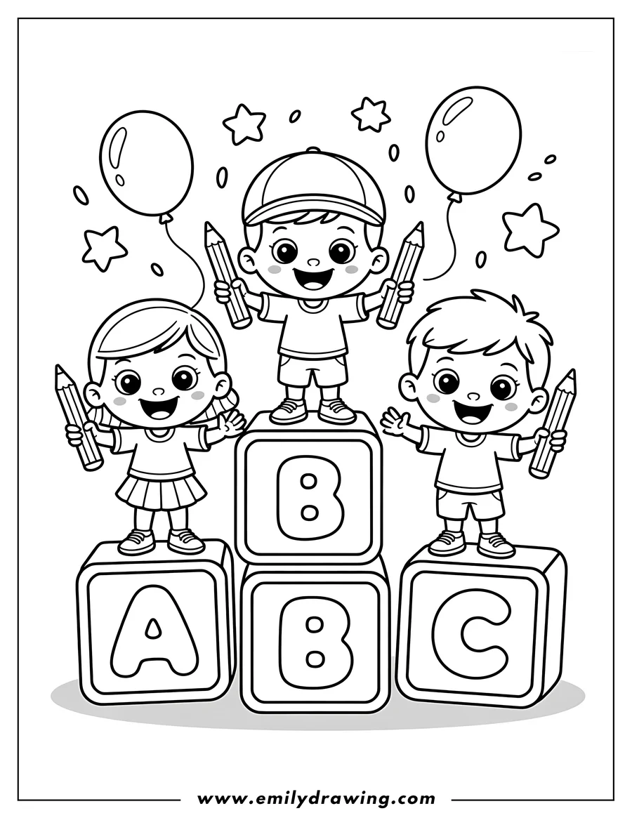 Three children with pencils standing on letter blocks labeled A, B, and C.