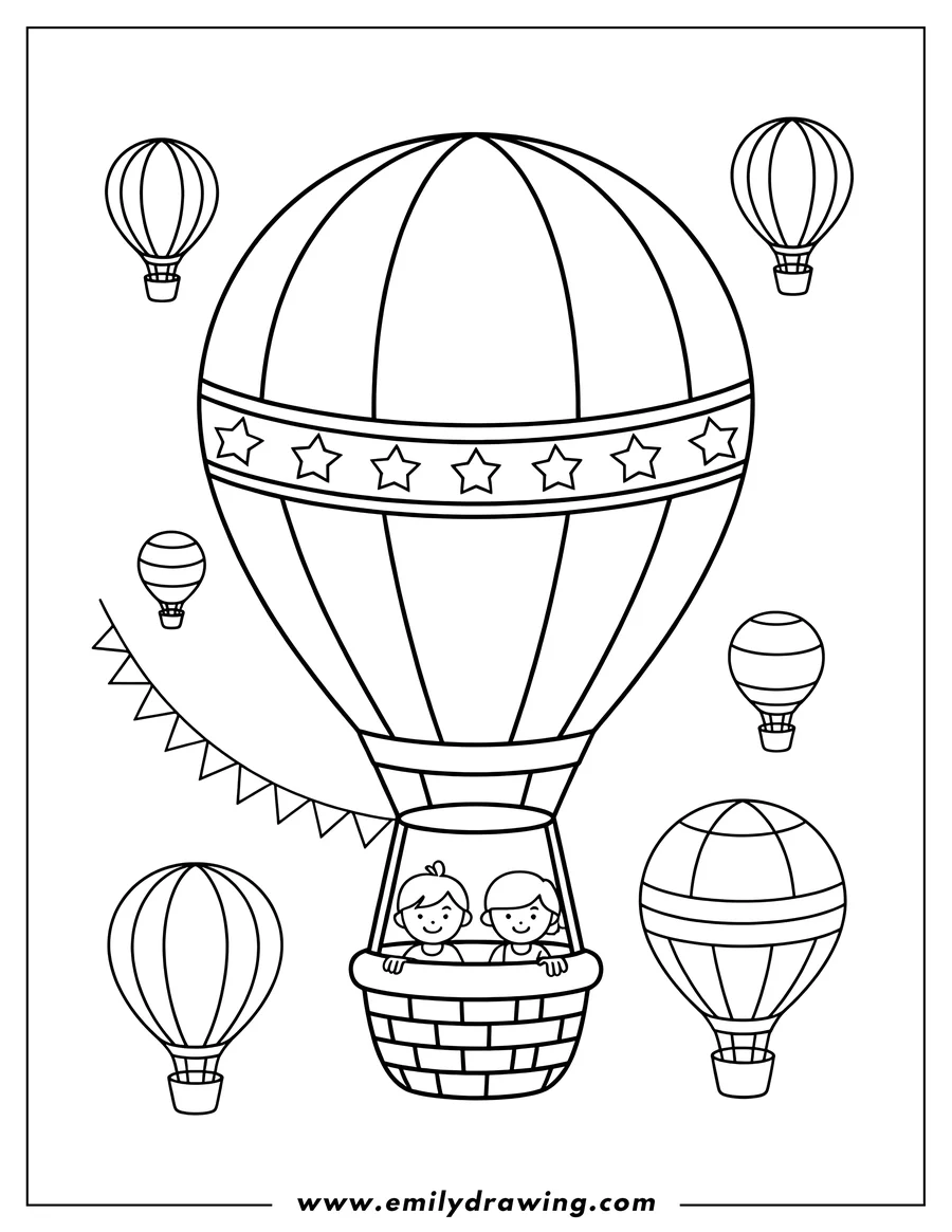 Two young children happily riding in a hot air balloon basket, high among other colorful balloons.