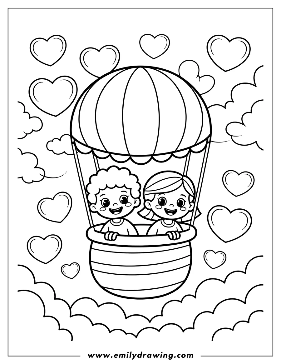 Outline of two children riding in a hot air balloon, surrounded by hearts and clouds.